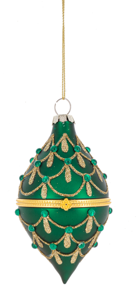 Decorative green and gold Christmas ornament on a white background