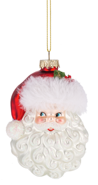 Glass ornament of a Santa Claus face with a red background