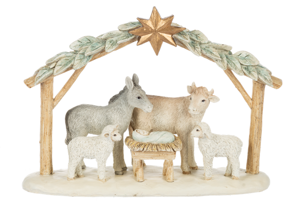 Nativity scene figurine with animals and baby Jesus in a manger.