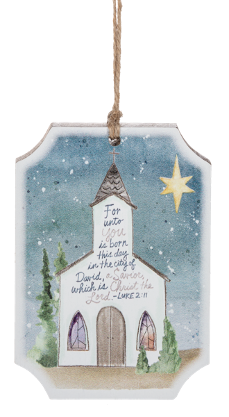 Decorative hanging tag with a church illustration and text, featuring a star in the sky.
