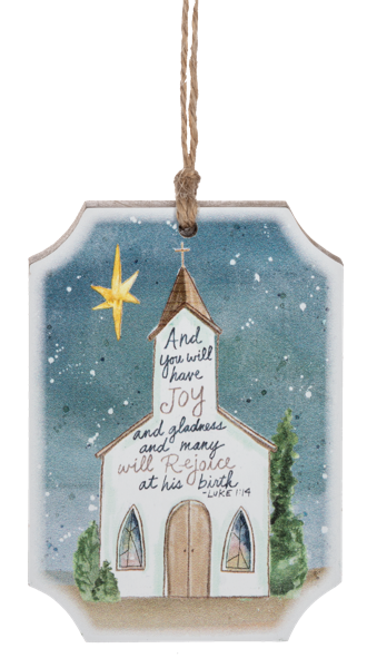 Decorative Christmas ornament with a church, star, and Bible verse on a blue background.