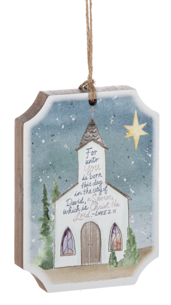 Decorative Christmas tag with a church illustration and text on a white background