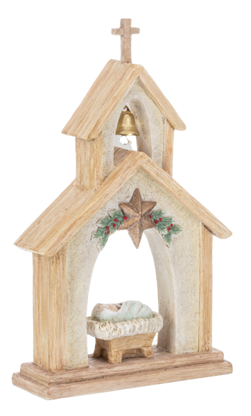 Decorative nativity scene in a wooden church-like structure with a star and baby Jesus in a manger.