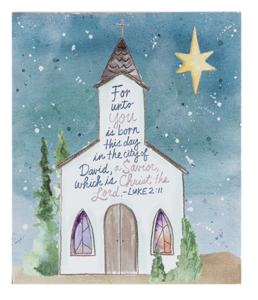 Illustration of a church with a star in the sky and text from Luke 2:11.
