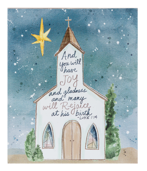 Illustration of a church with a star in the sky and Christmas message text.
