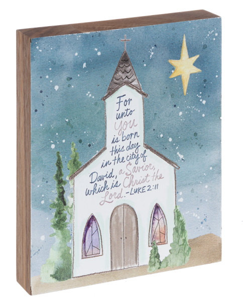 Decorative box with a church illustration and Christmas text on a blue background