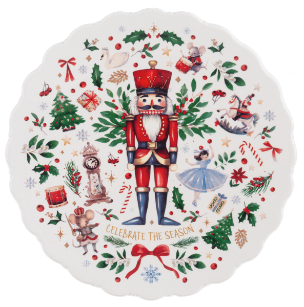 Decorative plate with Christmas-themed illustrations including a nutcracker, trees, and presents.