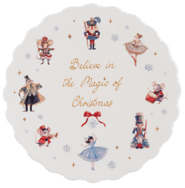 Decorative plate with Christmas-themed illustrations and 'Believe in the Magic of Christmas' text.