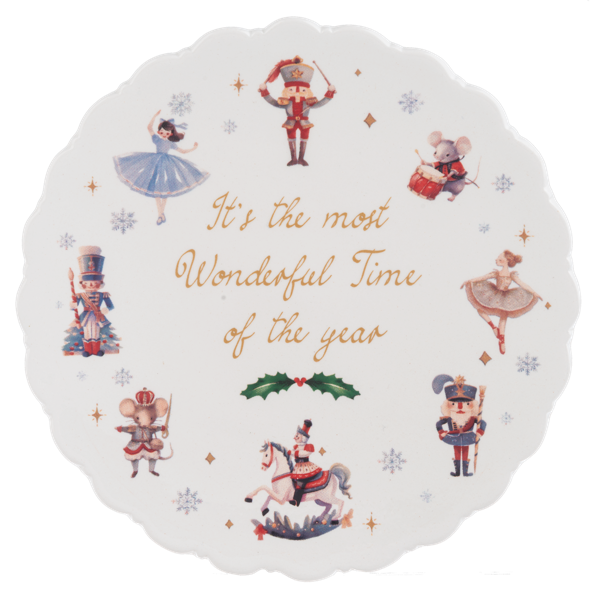 Round Christmas-themed paper plate with illustrations and text on a white background