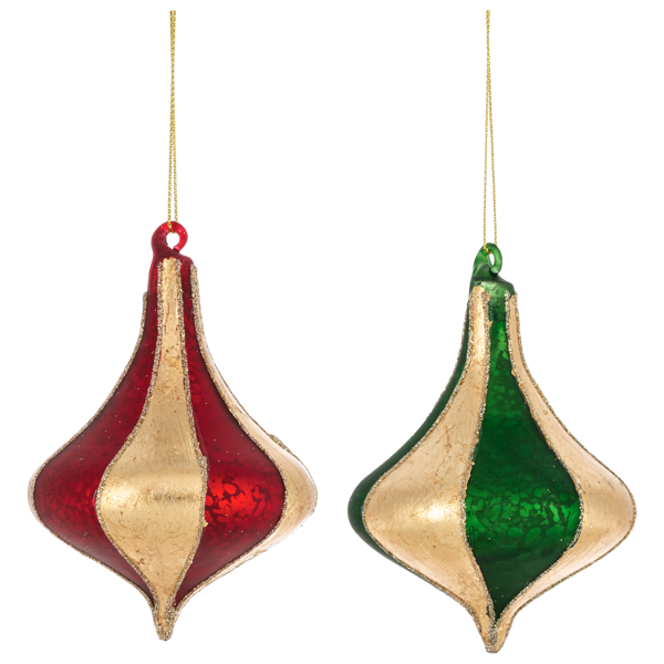 Two decorative Christmas ornaments with red, gold, and green colors on a white background.