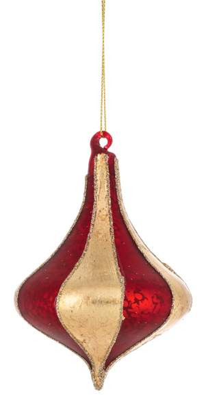 Red and gold Christmas ornament on a white background