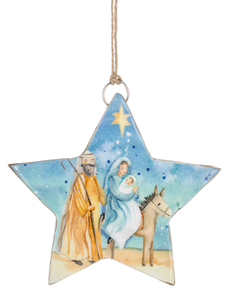 Star-shaped Christmas ornament with nativity scene design on a white background