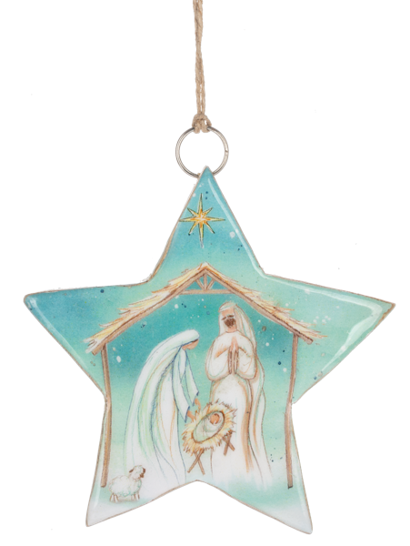 Star-shaped Christmas ornament with nativity scene design on a white background