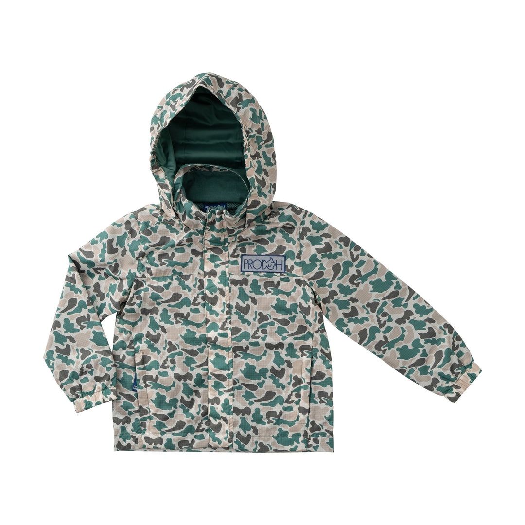 Camouflage-patterned jacket with a brand logo on a white background
