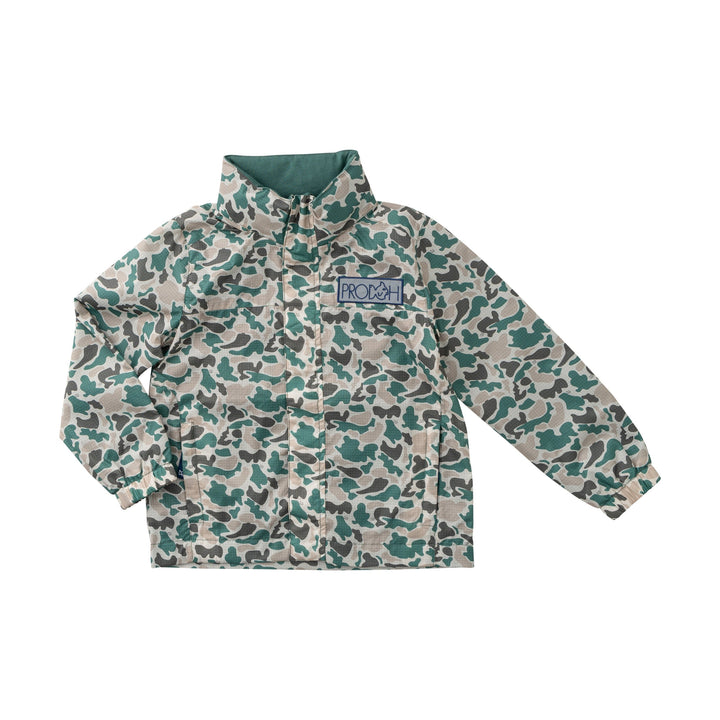 Camouflage-patterned jacket with a brand logo on a white background
