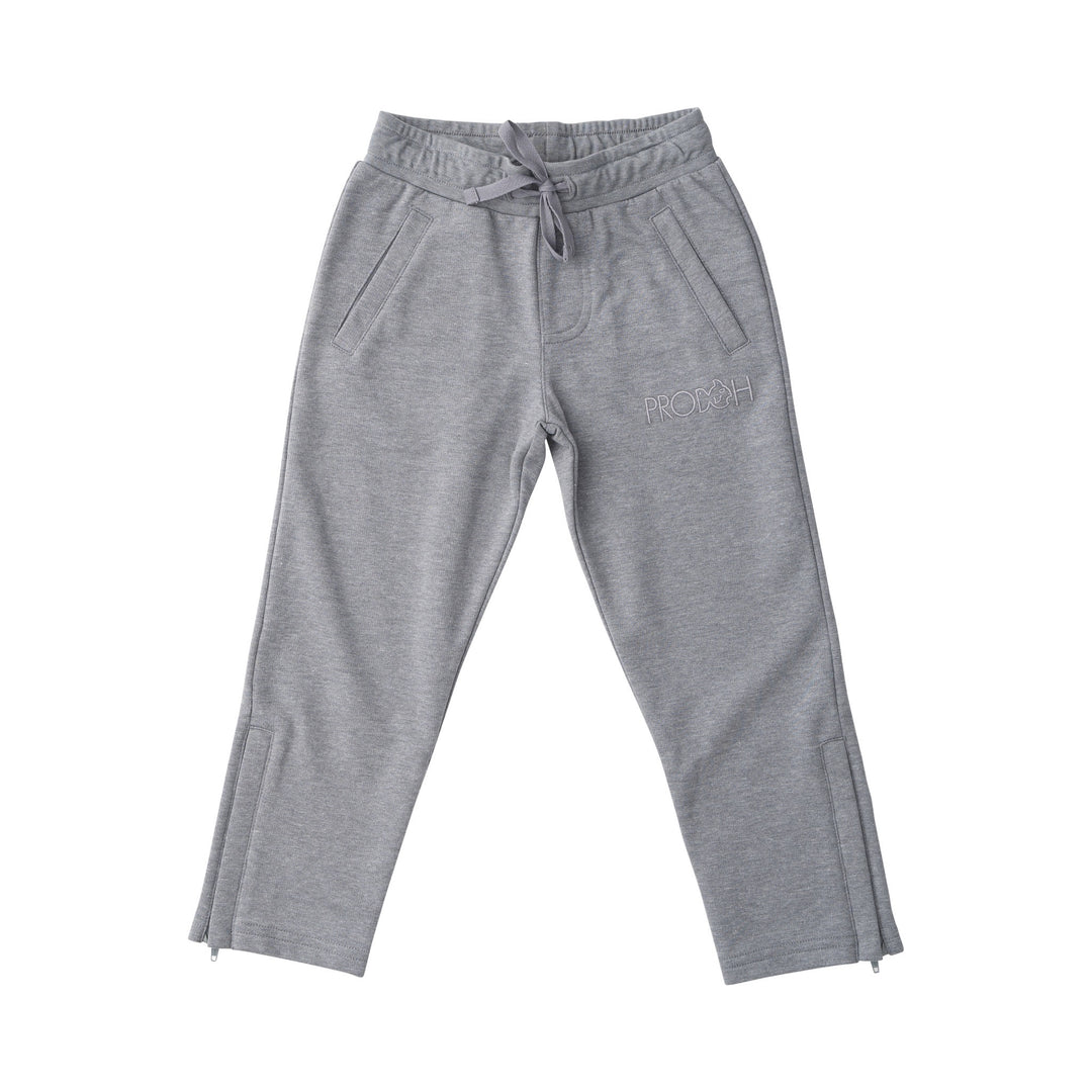 Gray sweatpants with a brand logo on a white background