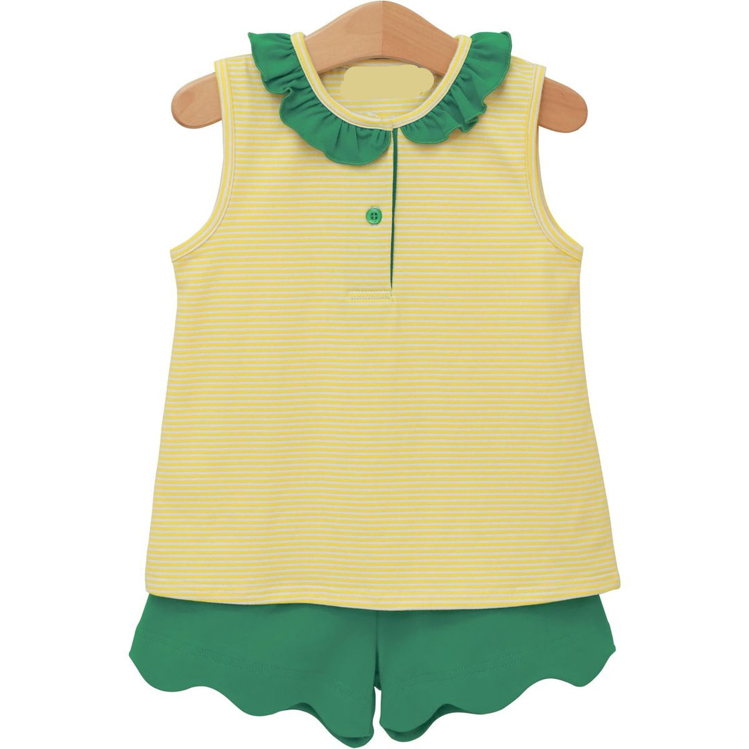 Yellow and green striped sleeveless top with matching shorts on a hanger against a white background