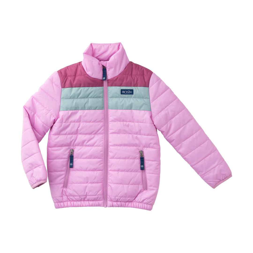 Pink puffer jacket with a gray stripe on a white background