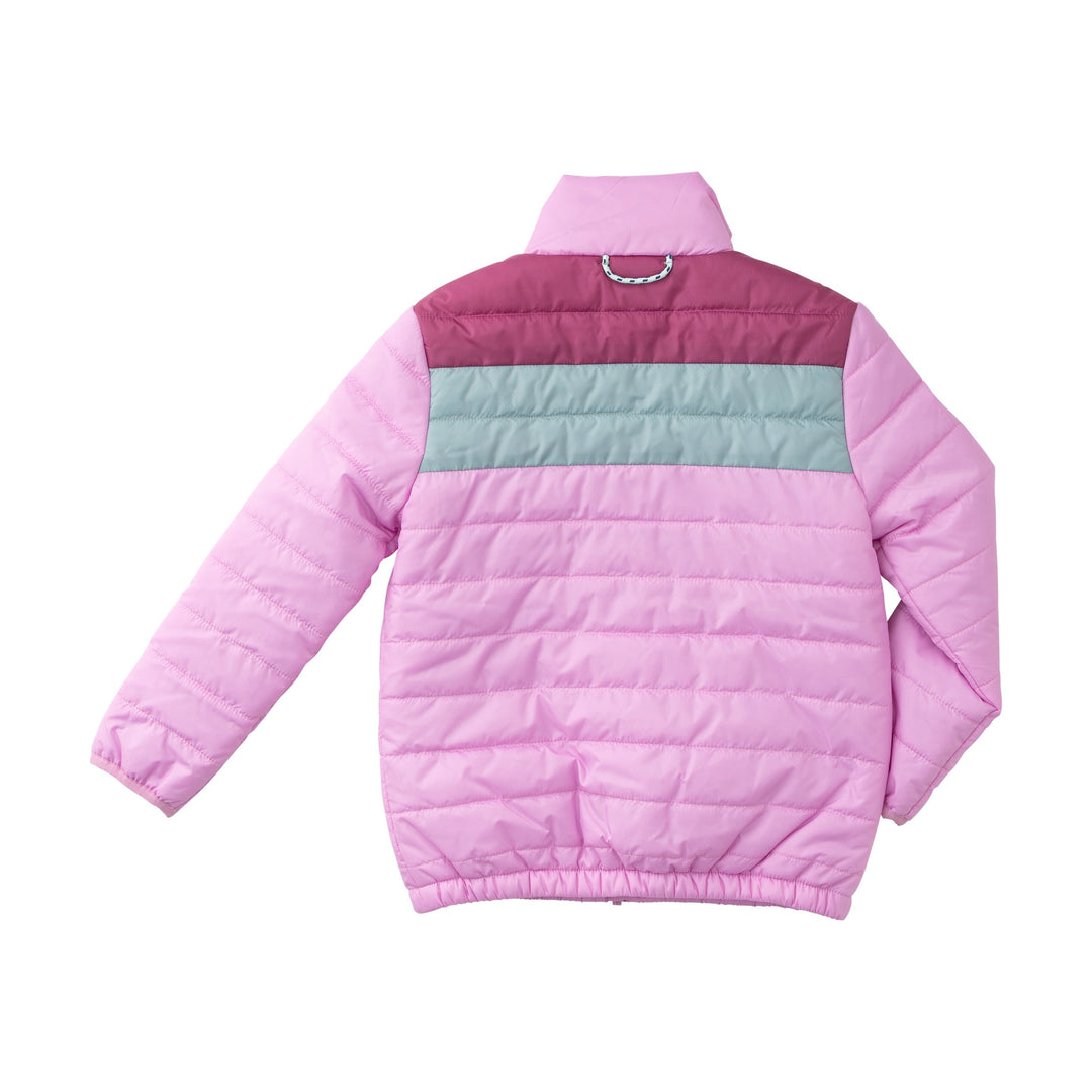Pink and purple quilted jacket on a white background