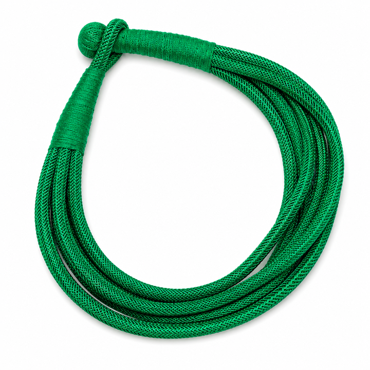 Kelly green multi-strand braided rope necklace with wrapped knot closure displayed on a clean white background.