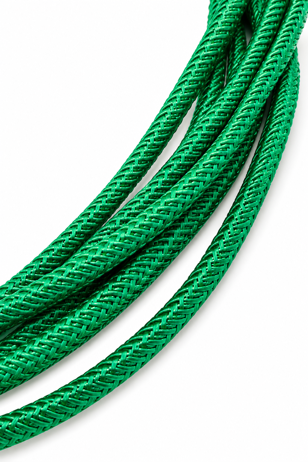 Close-up detail of a kelly green braided rope necklace showcasing woven texture and glossy finish.