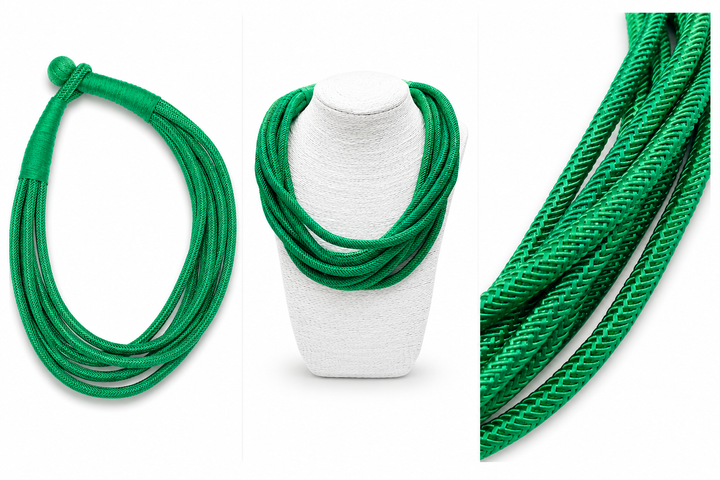 trio image of the kelly green 8 strand necklace: one laying flat, one on a bust, one up close of the strands