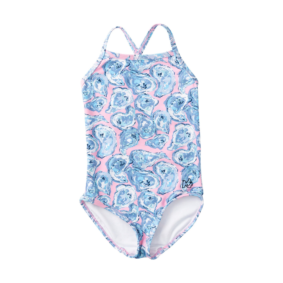 One-piece swimsuit with blue oyster pattern on a white background