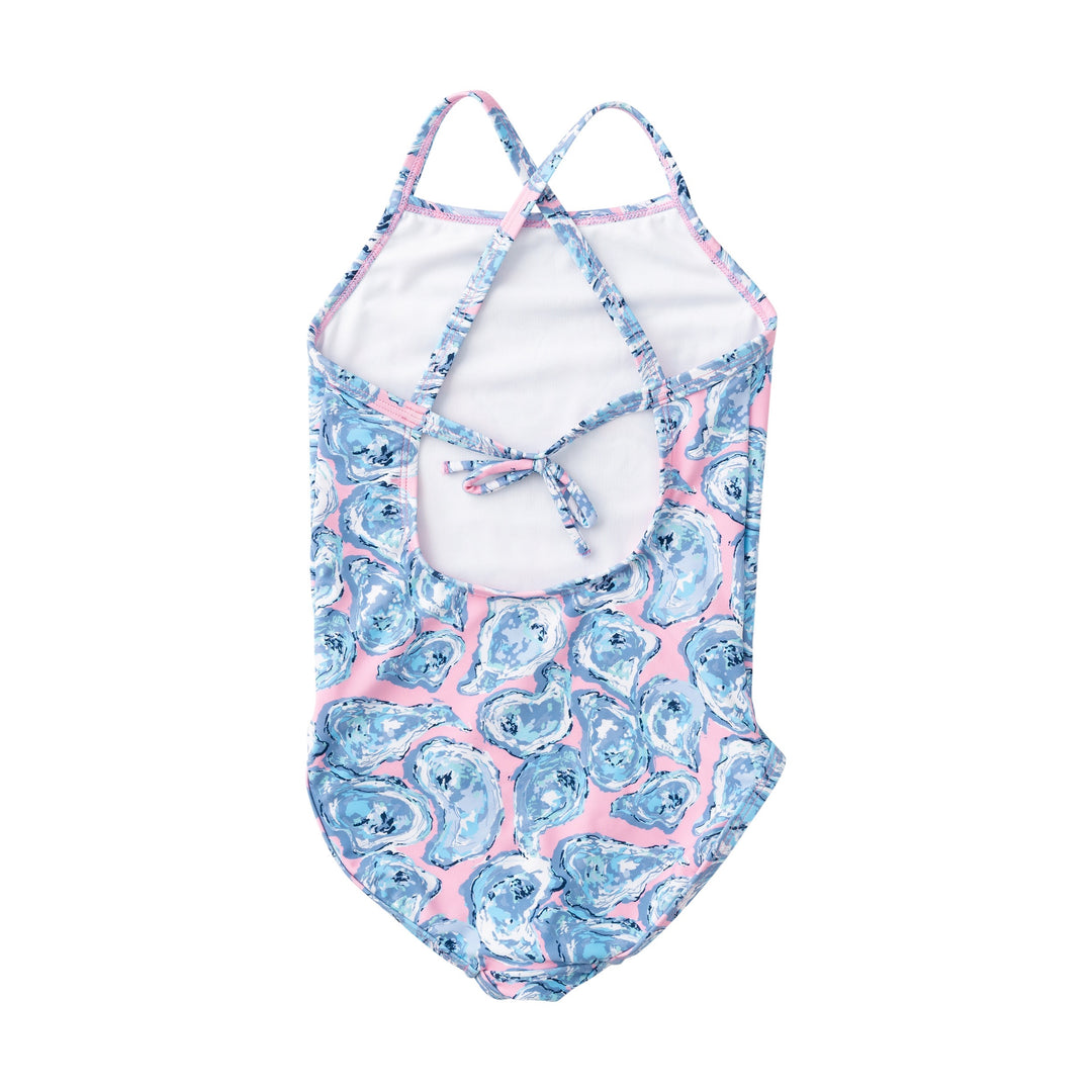 One-piece swimsuit with blue and pink oyster pattern on a white background