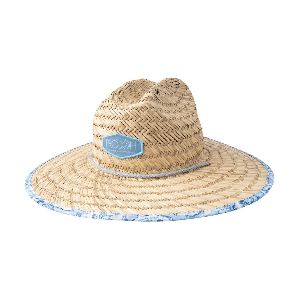 Straw hat with a blue band and logo on a white background