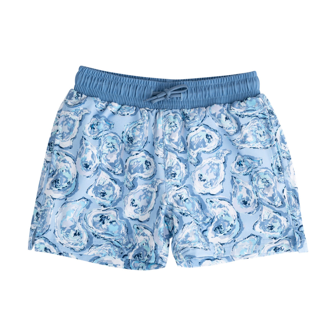 Blue swim shorts with an oyster pattern on a white background