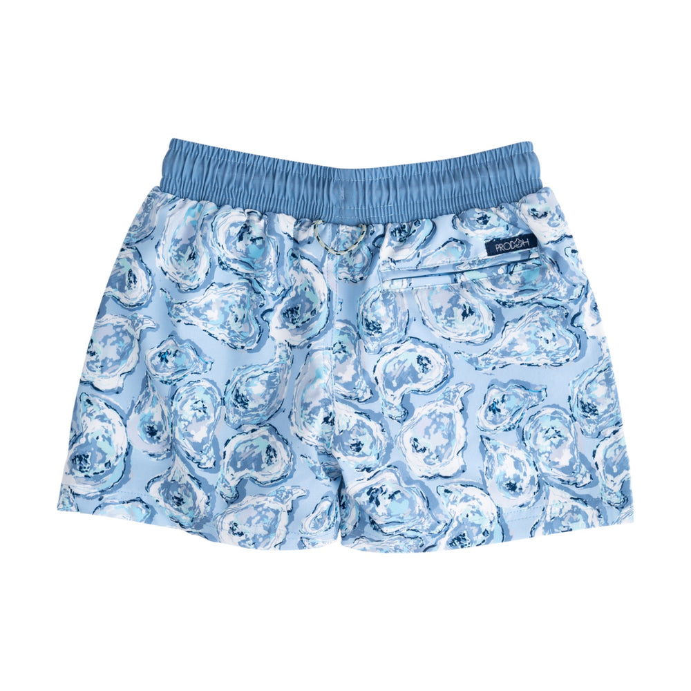 Blue swim shorts with an oyster on a white background