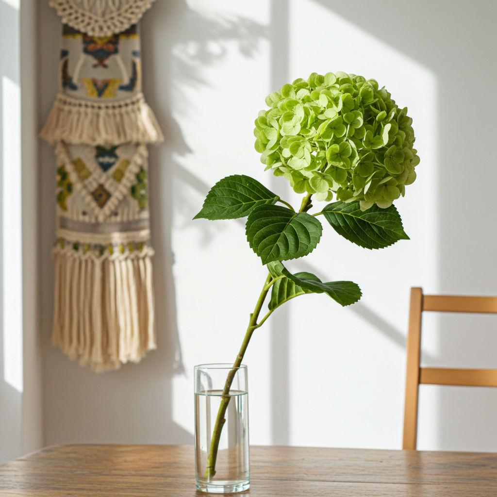Green hydrangea in a clear vase on a wooden table with a wall hanging in the background.