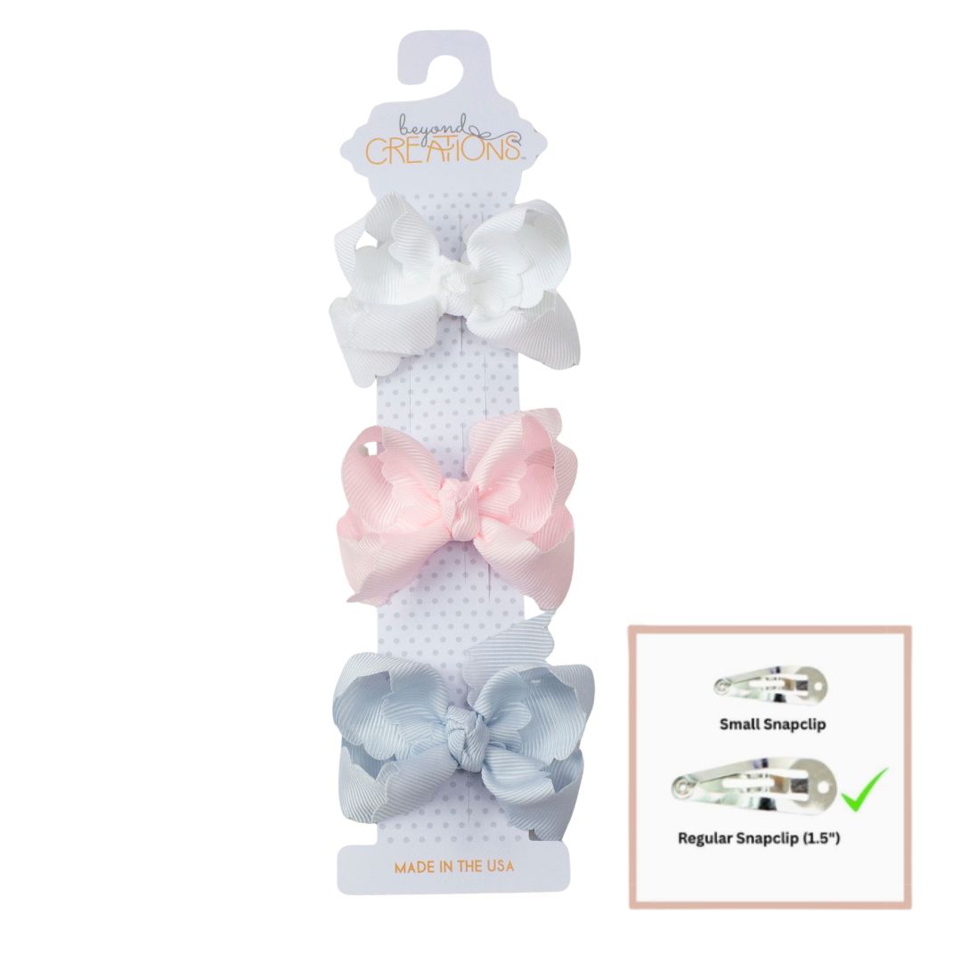 3 pack of white, powder pink, and light blue scalloped edge bows