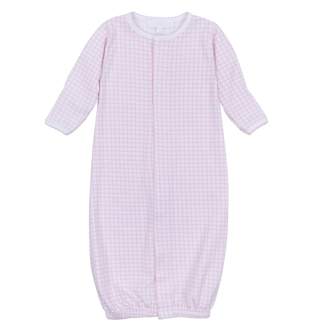 Pink checkered baby gown on a white background