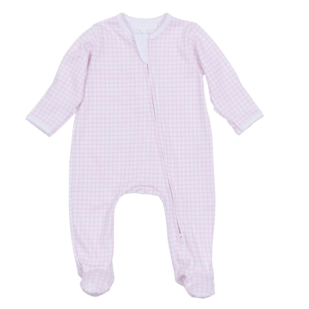 Pink checkered baby onesie on a white background
