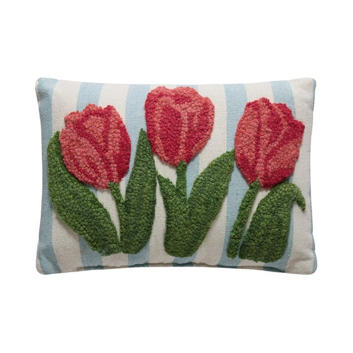 tulips hook design on blue & white striped canvas pillow