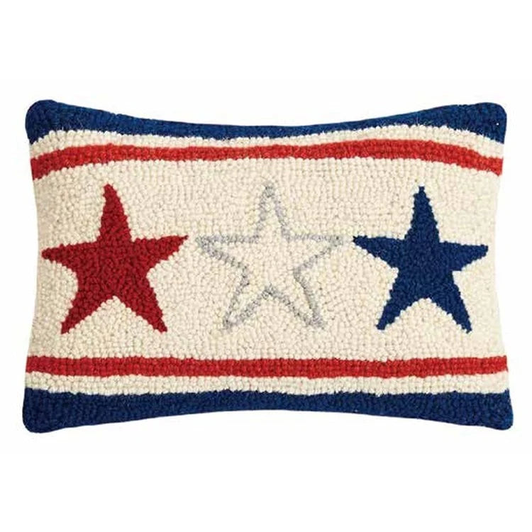 hook pillow with red white blue stars trio on white background