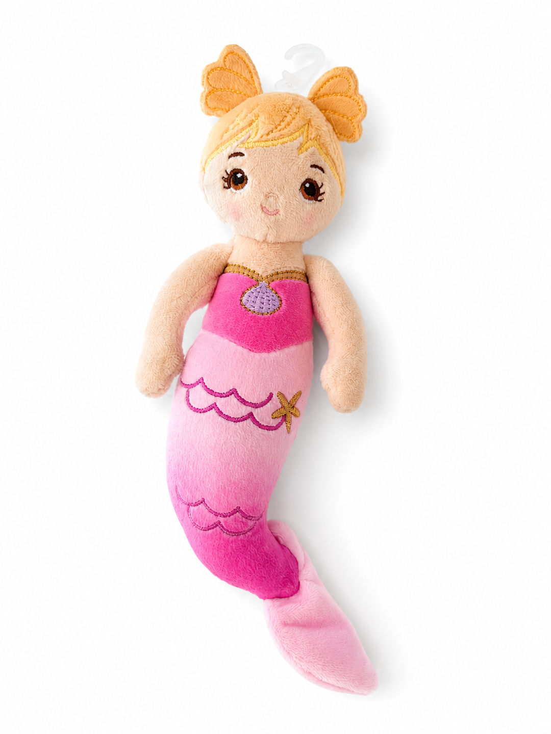 A mermaid-themed plush doll with blonde hair in twin buns, a pink shell necklace, and a pink-to-rose mermaid tail, shown on a plain white background.