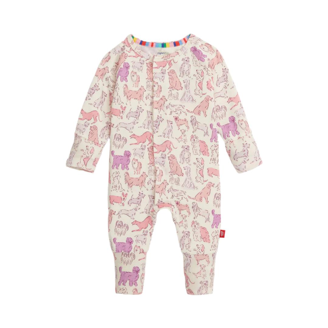 Baby convertible coverall with dog pattern on a white background