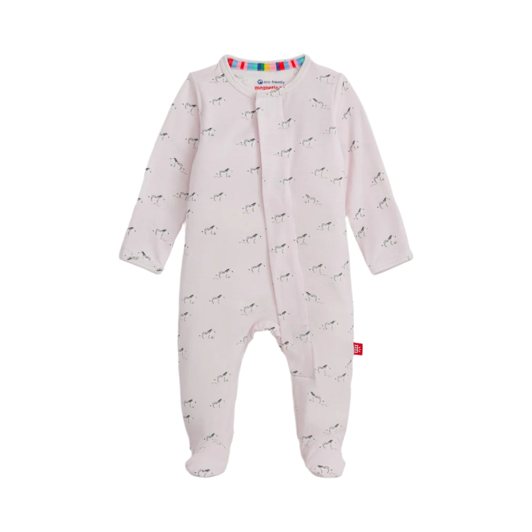 Baby pink footie with zebra pattern on a white background