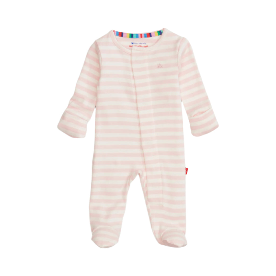 Pink striped baby footie on a white background