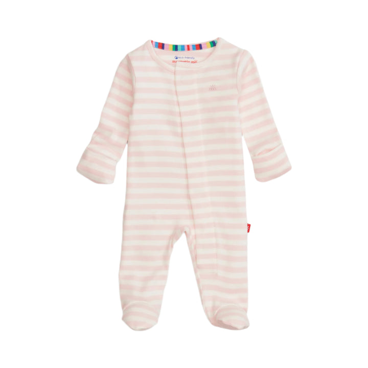 Pink striped baby footie on a white background