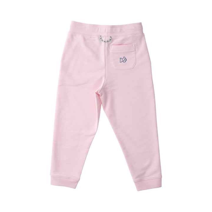 Pink sweatpants with a small logo on a white background