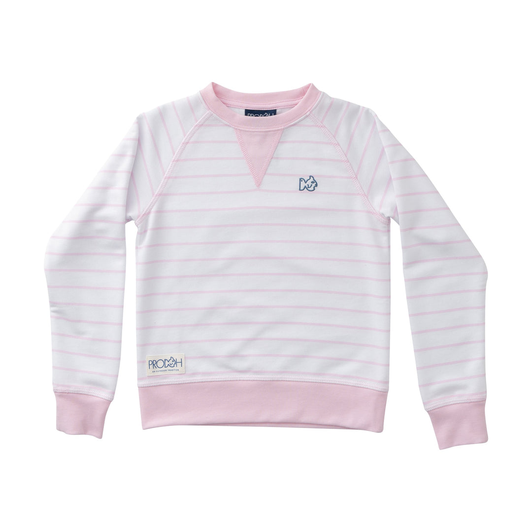 White and pink striped sweatshirt with a small logo on a white background