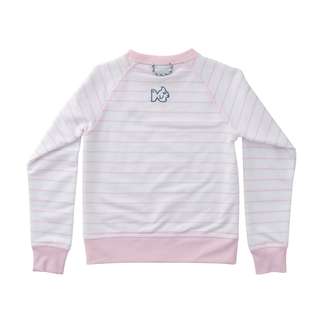 White and pink striped sweatshirt with a logo on a white background