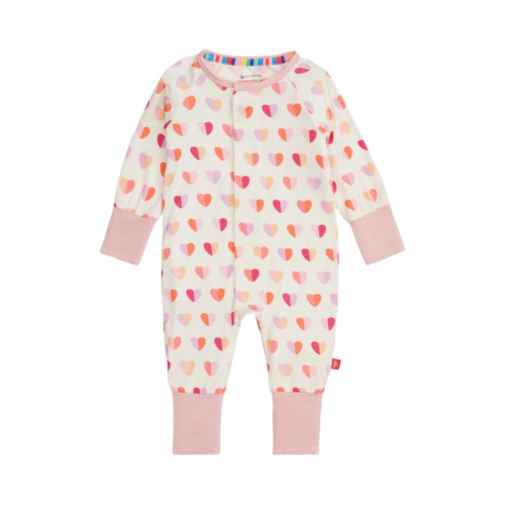 Baby coverall with colorful heart pattern on a white background
