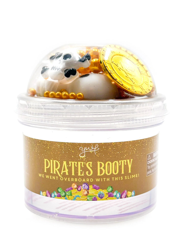 Jar of 'Pirate's Booty' slime with a gold coin and toy inside on a white background