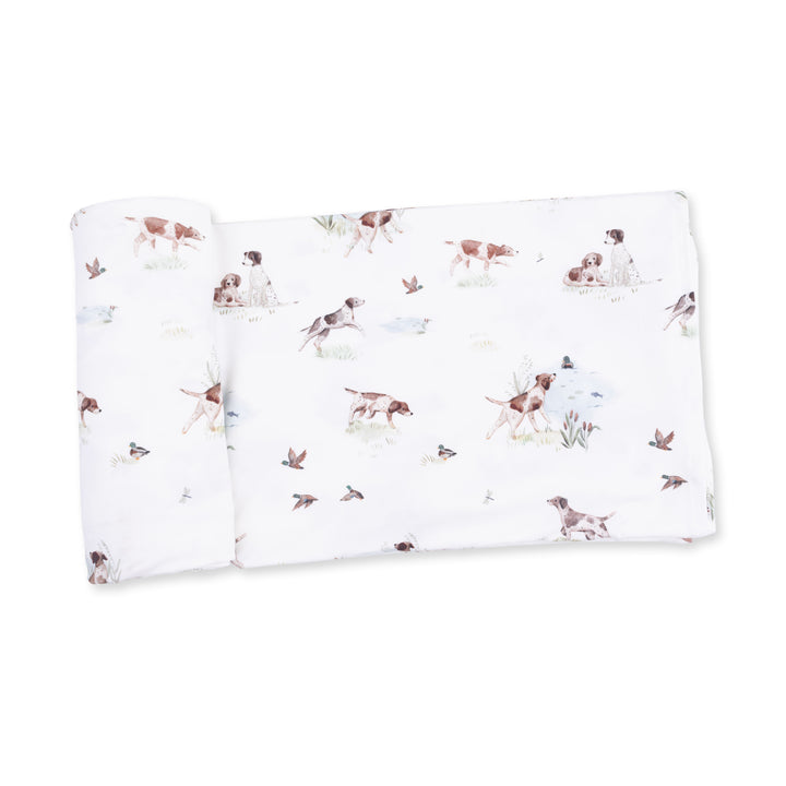 Angel Dear Pointer Pups and Duck Buddies Swaddle Blanket displayed to show the full baby blanket and pointer pups and duck buddies design