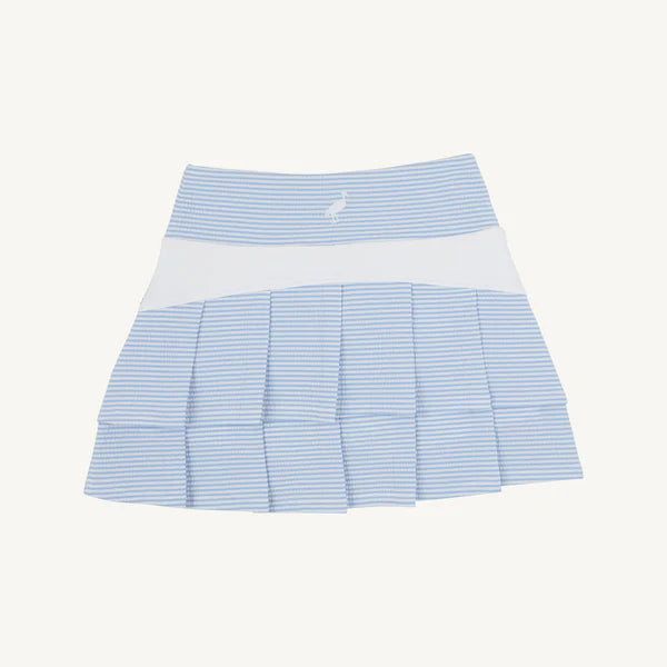 Blue and white striped skirt on a light gray background