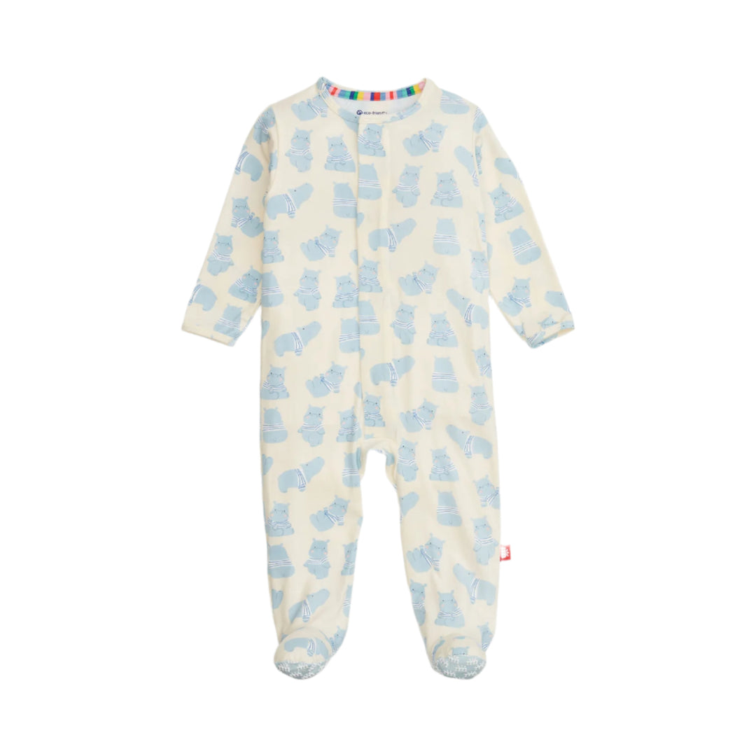 baby boy footie with blue hippos on white background